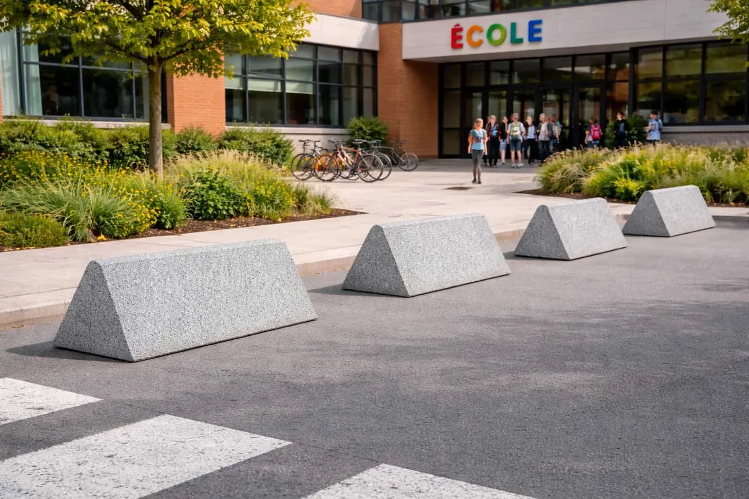 borne anti-stationnement réglementation Borne béton triangulaire devant une école